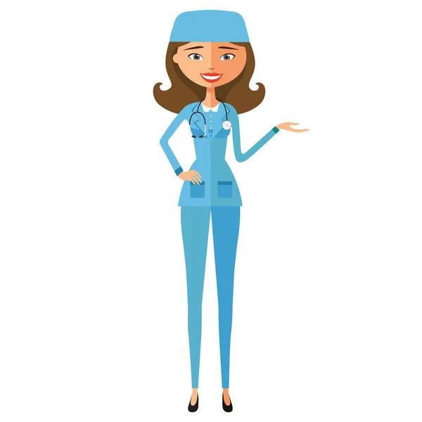 Femme médecin présentant plat dessin animé vecteur illustration — Image vectorielle