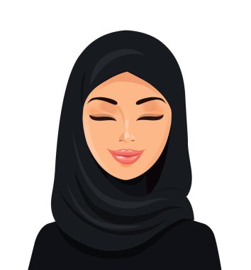 Gözlerini kapatma hijab güzel Müslüman Arap kadını vektör düz simgesi avatar.