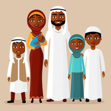 Arap aile, Müslüman Arap kişi, Suudi çizgi film adam ve kadın. Arap baba, anne, oğlu, kızı, büyükanne ve büyükbaba birlikte ayakta ve gülümseme.