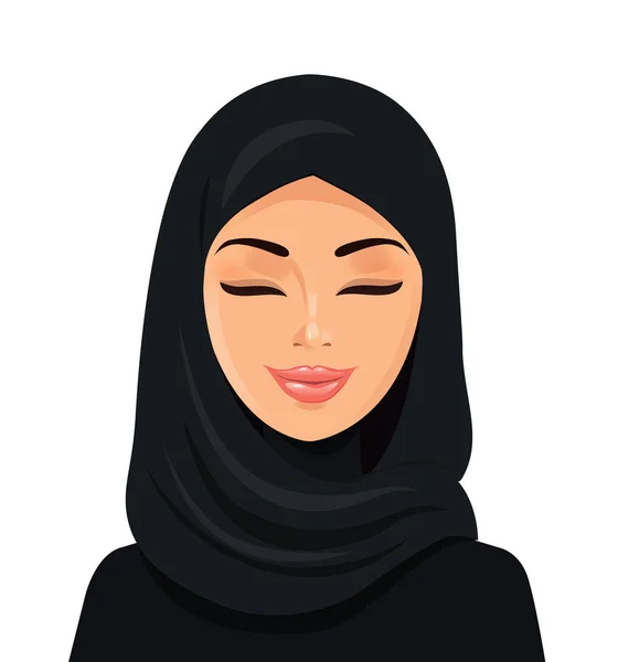 Mulher árabe muçulmana bonita em hijab fechando seus olhos vetor plana ícone avatar . —  Vetores de Stock