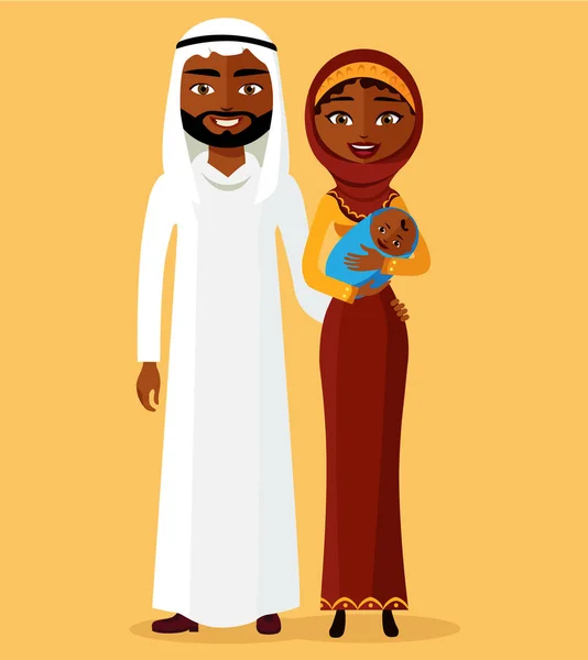 Pareja árabe con un bebé recién nacido feliz. Madre con bebé recién nacido en un stile plano. Ilustración vectorial . — Vector de stock