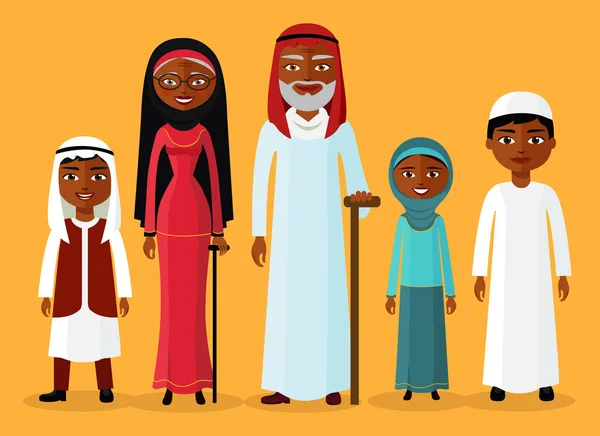 Petit-fils, petite-fille, grand-mère et grand-père arabes debout ensemble et sourire. Illustration vectorielle de personnage de dessin animé famille musulmane . — Image vectorielle