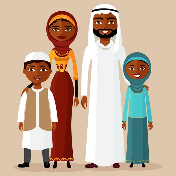 Familia árabe feliz con ropa nacional. Padres musulmanes con dos hijos niño y niña . — Vector de stock