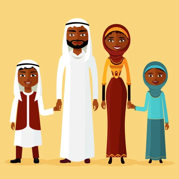 Arab family, Arabic parents. Two children are kept for the hands of parents flat vector illustration. — Stock Vector