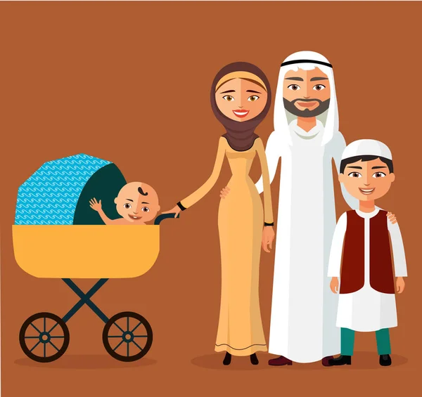 Joyeux jeune famille arabe avec un nouveau-né. Parents musulmans avec deux enfants . — Image vectorielle