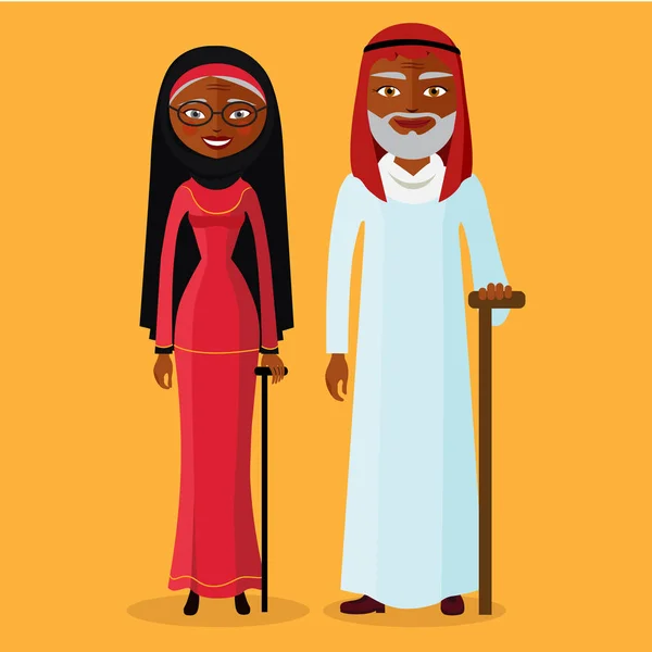アラブの成人男性と女性のベクトル。立って一緒に、幸せの図アラブの古い人。イスラム教徒の祖母と祖父. — ストックベクタ