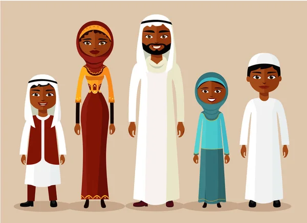 Feliz familia árabe musulmana en estilo plano. Pueblo árabe padre, mo — Vector de stock