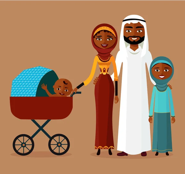 Pareja árabe con cochecito. Feliz familia musulmana con ba recién nacido — Vector de stock