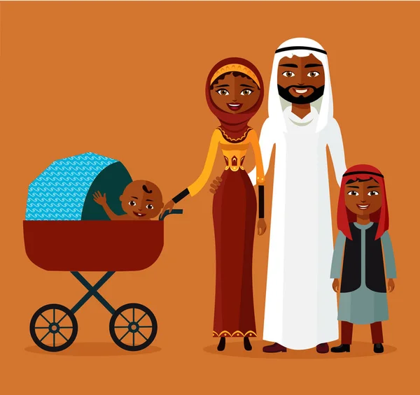 Couple arabe avec une poussette. Heureuse famille musulmane avec le nouveau-né ba — Image vectorielle