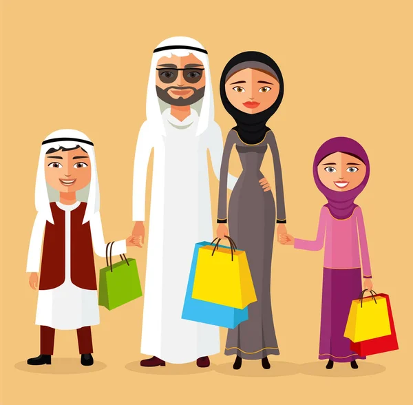 Pareja árabe con niños comprando juntos. Familia árabe en el — Vector de stock
