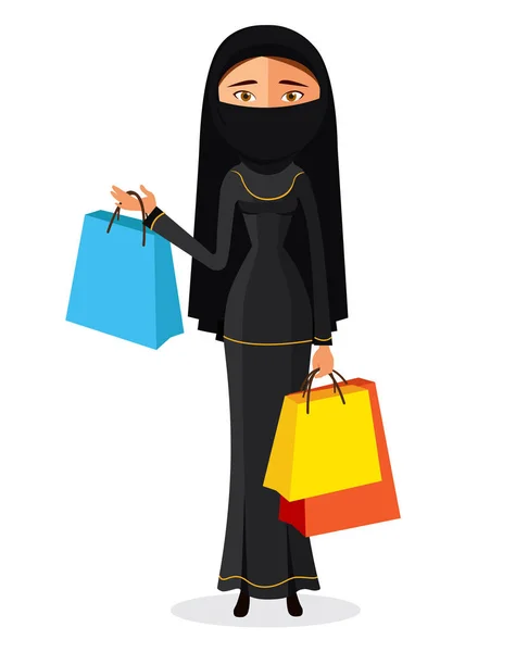 Femme arabe avec sacs à provisions illustration vectorielle dessin animé plat — Image vectorielle