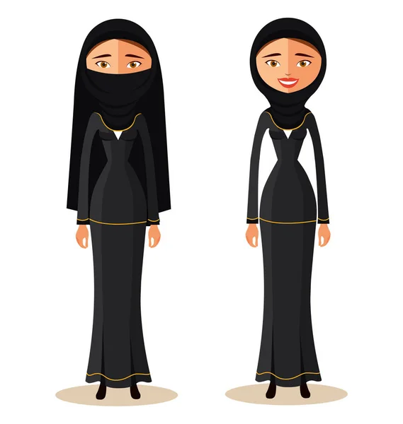 Mujer árabe musulmana en un hiyab. Personaje árabe dibujos animados planos — Vector de stock