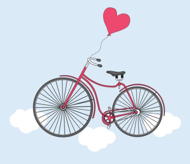 Vektör çizim bisiklet, balon ve kalp ile. Sevgililer günü kartı.
