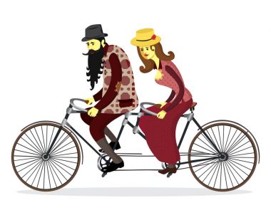 Çift sürme iki kişilik bisiklet. Olgun insanlar çift birlikte tek kişilik bisiklet sürme. İzole çift yaşlı insanlar. Vektör çizim.