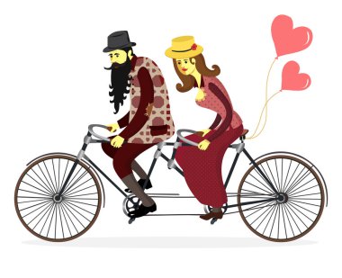 Mutlu genç adam ve kadın tandem izole bisiklet sürme uzun sarı saç çizgi film karakterleri ile sevimli vektör düz Illustration. Sevgililer günü bir karikatür tarzı için tebrik kartı. Vektör.
