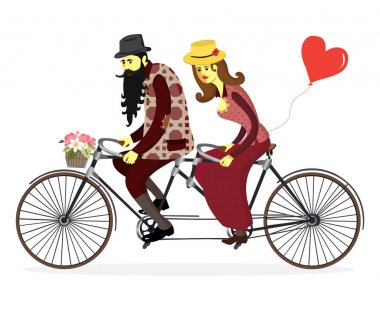 Sevgi dolu bir çift bir bisiklet sürme. Çift izole bir bisiklet sürme. Aşık doodle: erkek ve bir kadın iki kişilik bisiklet sürme. Sevgililer günü bir karikatür tarzı için tebrik kartı. Vektör çizim.