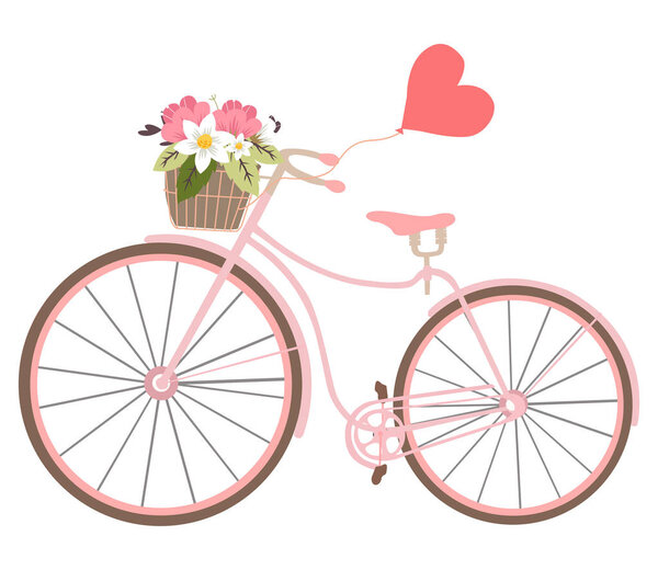 Vintage wedding bicycle with heart baloon and flowers Valentines illustration isolated on background.