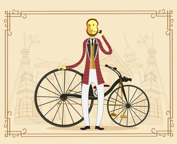 Englischer Aristokrat auf einem Retro-Oldtimer-Fahrrad vor altstädtischem Hintergrund. Vektorillustration — Stockvektor