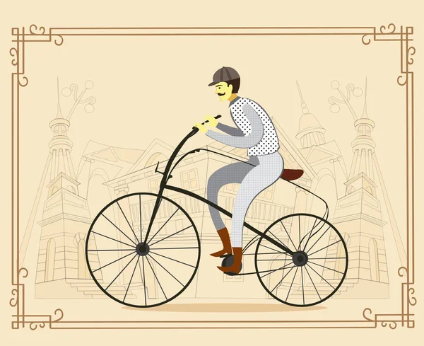 Man on vintage retro old bicycle on old city background. Vector illustration — Stock Vector