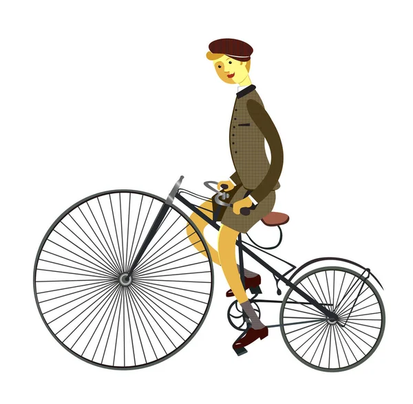 Man on retro vintage old bicycle isolated on white background. Vector illustration — Stock Vector