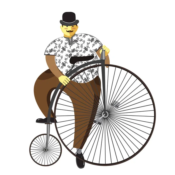 Höghjuling eller höga hjul cykel och fet man isolerade på vit bakgrund. Vektorillustration — Stock vektor