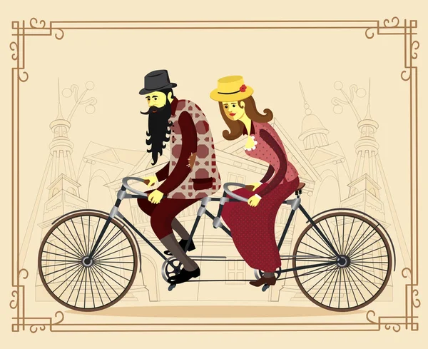 Vector flat happy mature man and woman riding old retro tandem bicycle. Love couple. Valentine's day greeting card. Vector cartoon illustration. — Stock Vector