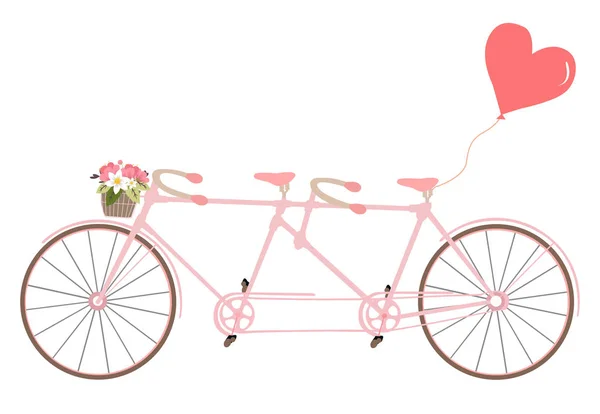 Vélo tandem avec fleurs, élément design pour les invitations de mariage. Vélo avec panier entièrement de fleurs roses et coeur. Vecteur. Idéal pour la conception d'invitation, enregistrer la date, mariage et autres . — Image vectorielle