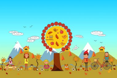  Sonbahar komik çocuklar Illustration. Sonbahar tatil. Çocuk-sonbahar erkek ve kız grubudur. Vektör kümesi. Çocuklar sonbaharda ayarlayın. Sonbahar ile oynayan çocuklar gösteren resim.