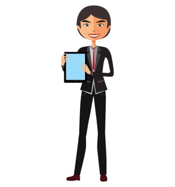 Tablet karakter vektör düz çizgi film çizim ile mutlu Asya işadamı