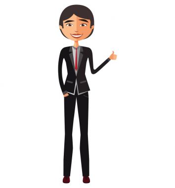 Karakter vektör düz çizgi film illüstrasyon yukarı gösteren Asyalı sevindim genç işadamı