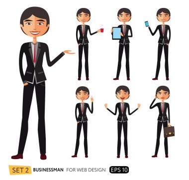 İşadamı Asya karakter vektör beyaz arka plan üzerinde ayarlayın. El