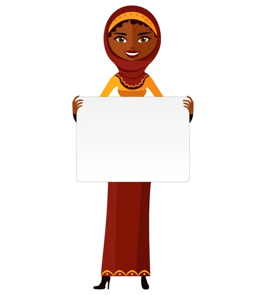 Holding boş işareti üzerinde beyaz izole duran Arap Müslüman kadın — Stok Vektör
