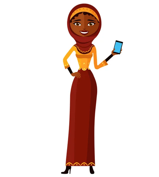 Μουσουλμάνοι Αραβικά Γυναίκα Σχετικά Τηλέφωνο Επίπεδη Καρτούν Εικονογράφηση Φορέα Απομονώνονται — Διανυσματικό Αρχείο