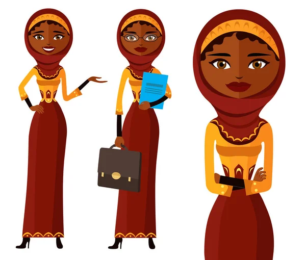 Árabe musulmán iran negocios mujer set plana vector dibujos animados ilustración aislado — Vector de stock