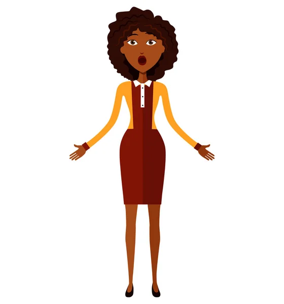 Verbaasd Afro-Amerikaanse zakenvrouw overgeven aan zijn handen. — Stockvector
