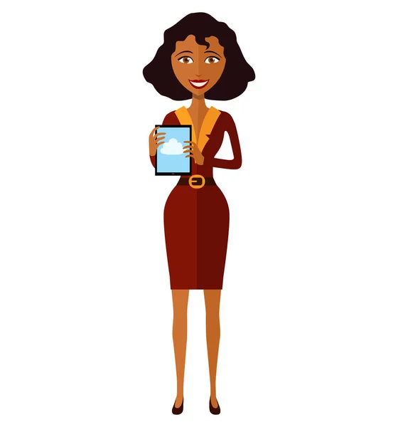 Szczęśliwy African American kobieta postać z tabletka wektor ilustracja na białym tle — Wektor stockowy