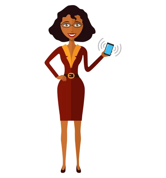 Niedliche junge afrikanisch-amerikanische Frau mit Handy-Vektor-Illustration — Stockvektor