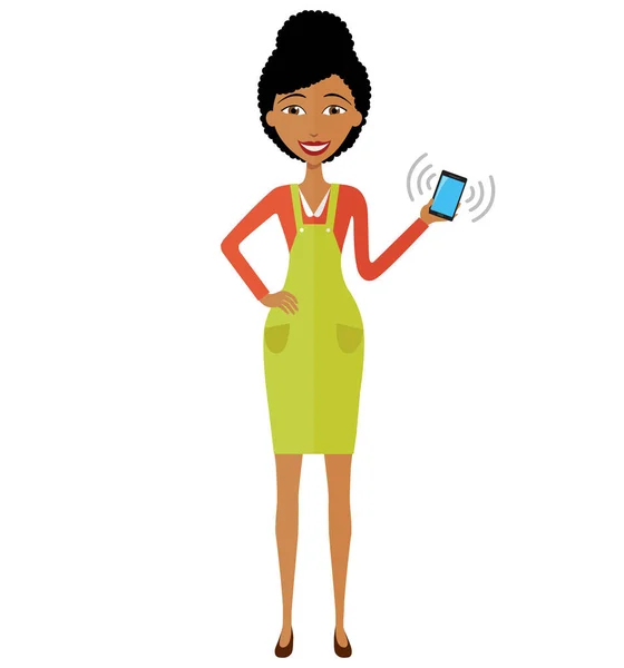 Africano americano mulher com telefone celular vetor ilustração isolado no branco — Vetor de Stock