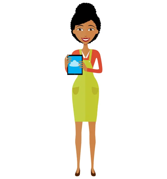 Afrikanisch-amerikanische Frau Charakter mit Tablet-Vektor-Illustration isoliert auf weiß — Stockvektor