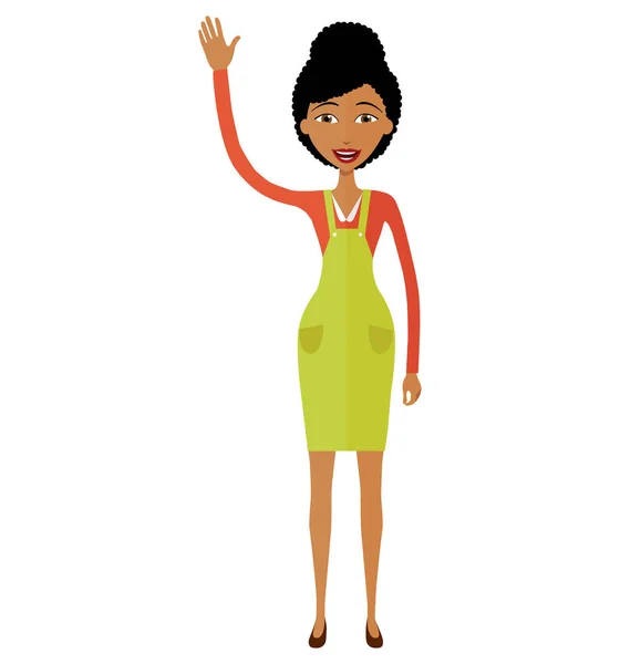 Afro-americana mulher acenando sua mão cartoon-vetor ilustração isolado no branco — Vetor de Stock