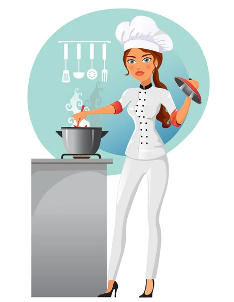 Kobieta szef wektor kreskówka na białym tle. Kobieta w kuchni — Wektor stockowy