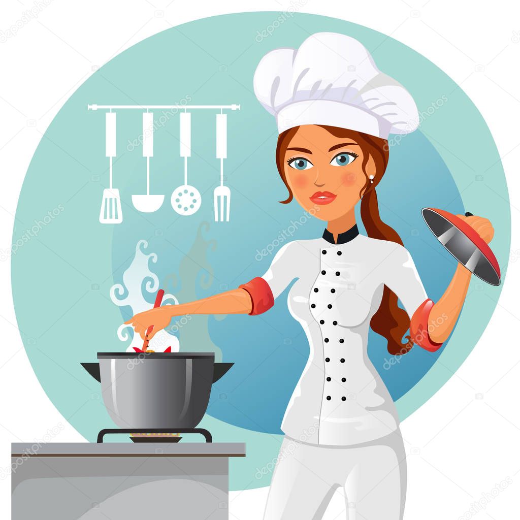 Cartoon chef in kitchen vector isolated on white ...