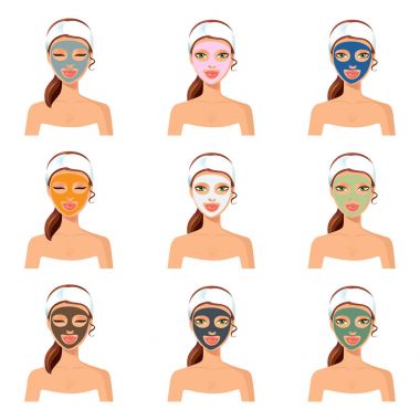 Farklı renk yüz maskeleri vektör Illustration. Kadınla 
