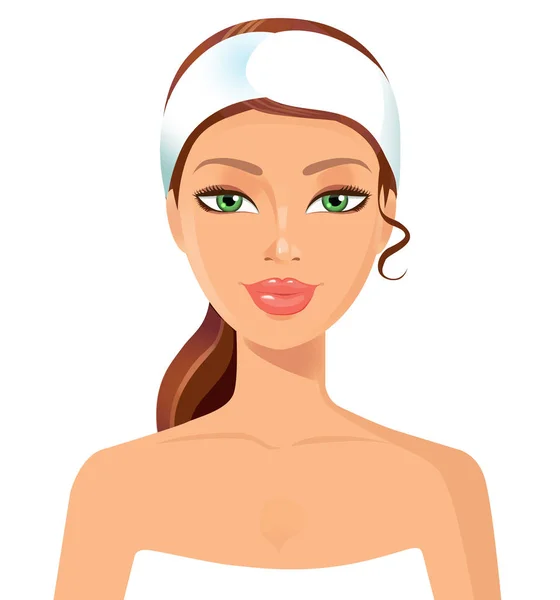 Beautiful young woman perfect face with towel. Skin beauty spa — Stock Vector