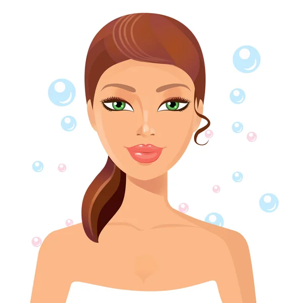Krásná mladá žena dokonalý obličej s bublinkami. Skin beauty spa — Stockový vektor