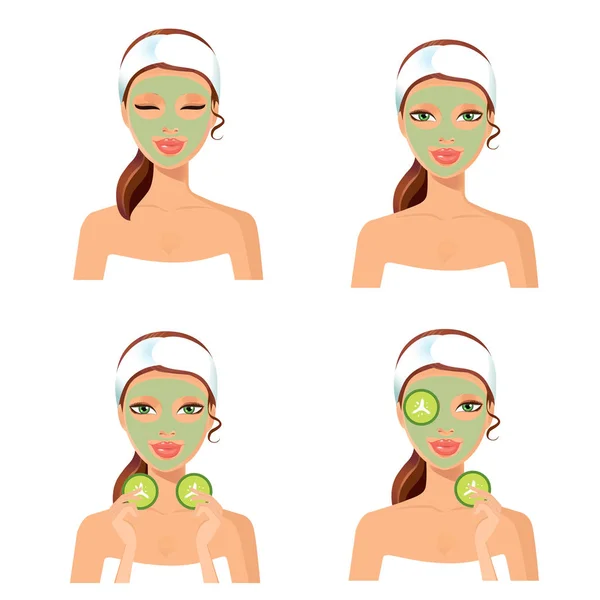 Επιδερμίδα φροντίδα γυναίκες έννοια. Του προσώπου μάσκα ομορφιάς και διαδικασία επεξεργασίας — Διανυσματικό Αρχείο