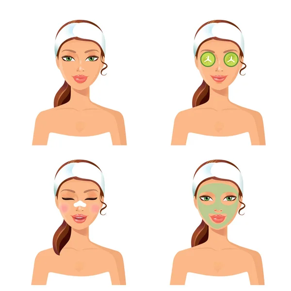 Procedimiento de spa. Ilustración vectorial de una hermosa mujer con facial — Archivo Imágenes Vectoriales