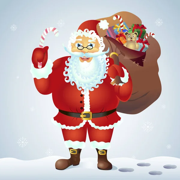 Santa Claus Sosteniendo Bastón Caramelo Aislado Blanco Vector Fondo Navidad — Vector de stock