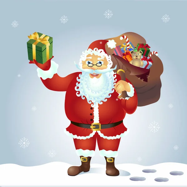 Père Noël Heureux Avec Sac Cadeau Dans Les Mains Vecteur — Image vectorielle