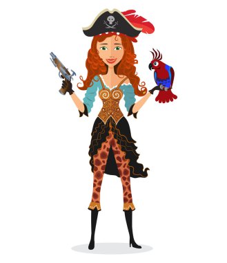 Beyaz bir arka plan üzerinde izole toz tabancası ile sevimli düz korsan kız.